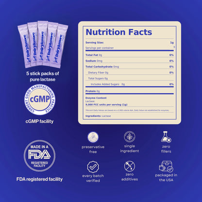 Five DairyAssure lactase sticks with nutrition facts and manufacturing quality information