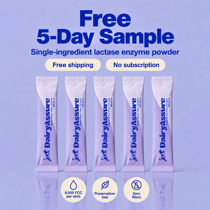 DairyAssure Free 5-Day Sample with five single-ingredient lactase enzyme powder sticks, free shipping, no subscription, 9,000 FCC per stick, preservative-free, and zero fillers