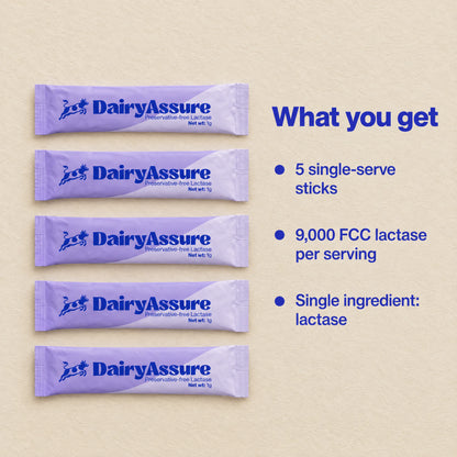 What you get: five DairyAssure sticks, 9,000 FCC lactase per serving, and one ingredient