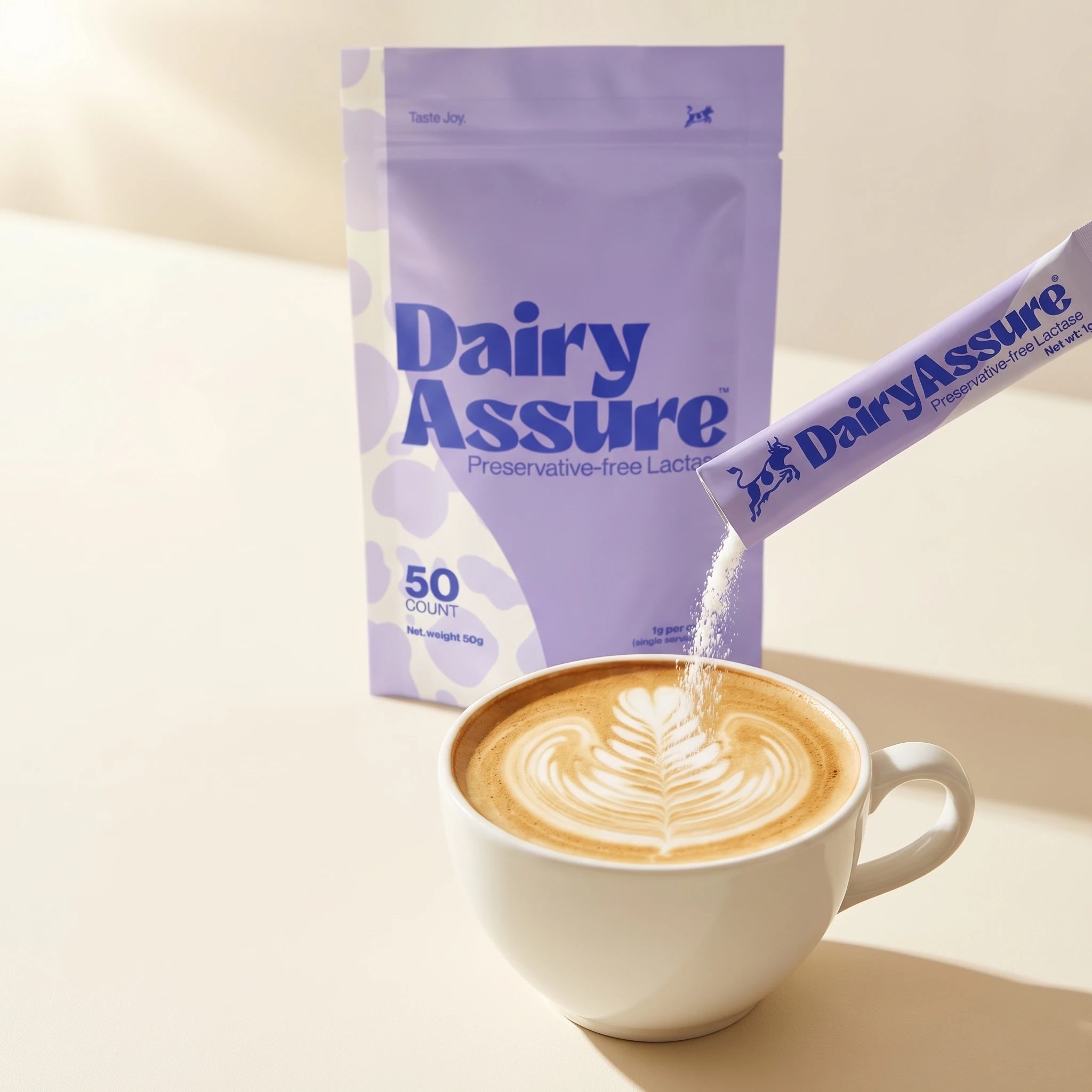 Adding DairyAssure lactase sticks to an iced coffee